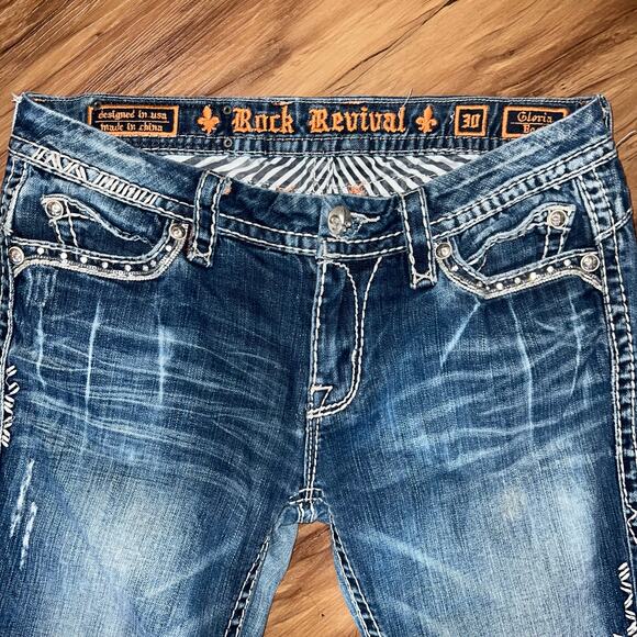 Mid Rise Rock Revival Jeans Gloria Boot Cut Size 30 Style E8446BL Sequin Studded - Picture 7 of 15